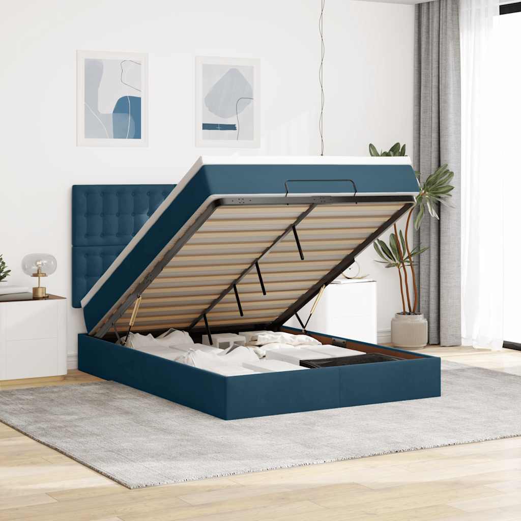 Ottoman krevet s madracima i LED diodama tamnoplavi 140x200 cm baršun