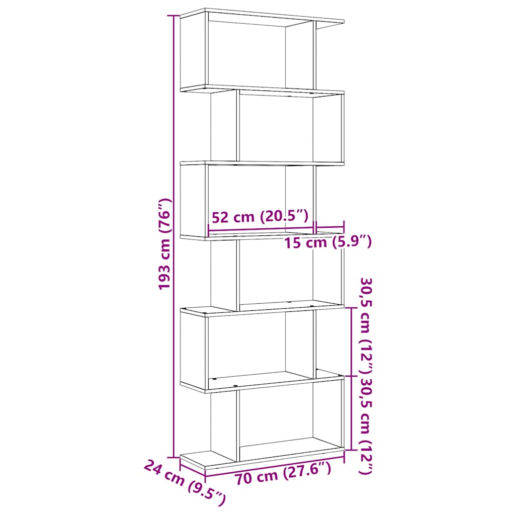 Pregrada / regal za knjige 6 razina hrast 70x24x193 cm drveni Smeđa