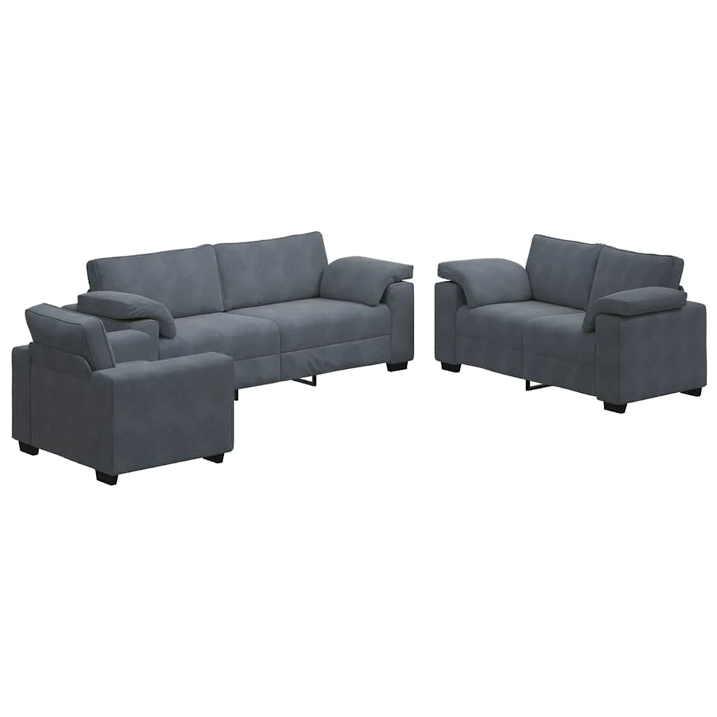 3-dijelni set sofa s jastucima, tamno sivi baršun