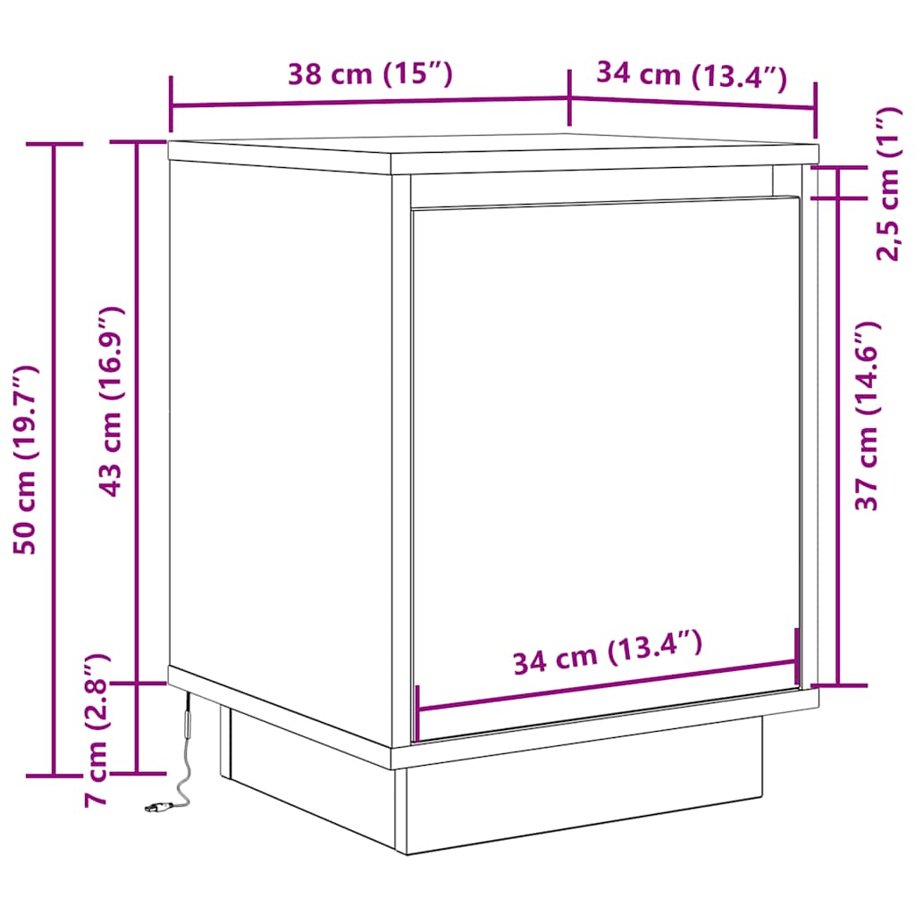 Noćni ormarić s LED svjetlima boja drva 38x34x50 cm
