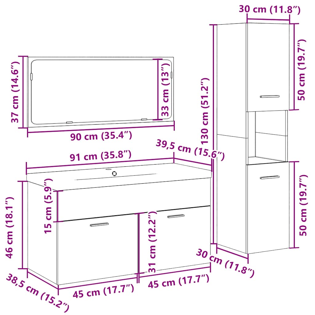 4-dijelni set kupaonskog namještaja käsityöläinen tammi Smeđa 90 x 38.5 x 46 cm