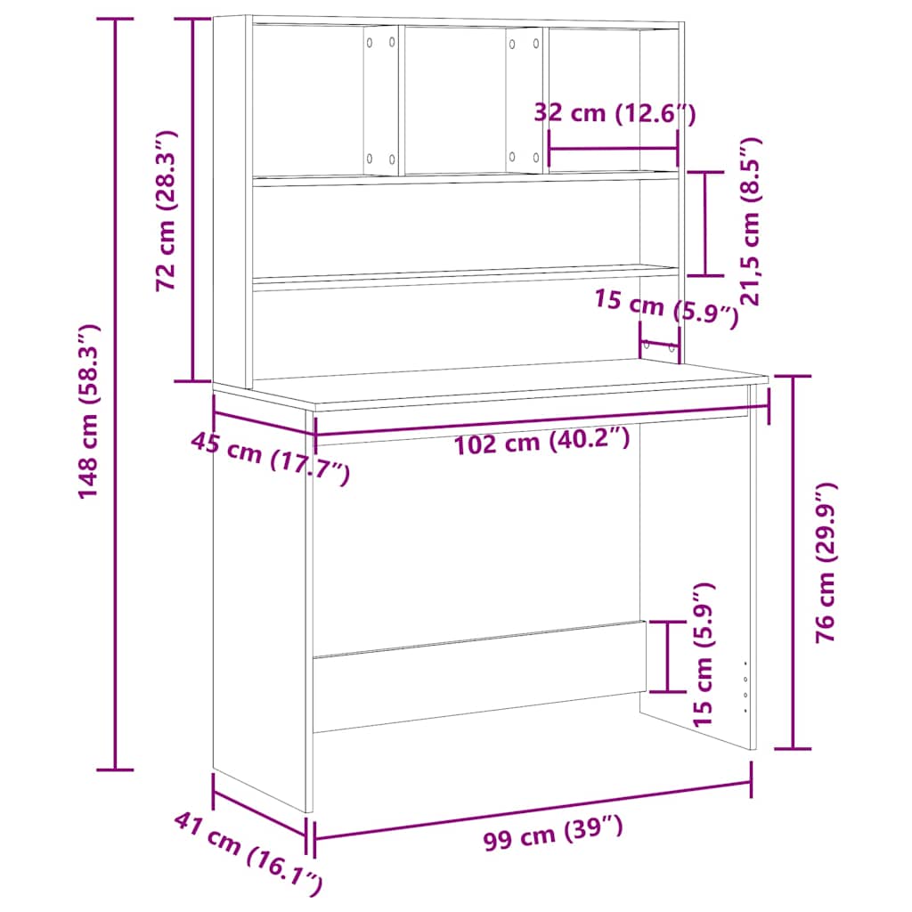 Radni stol s policama Crni hrast 102x45x148 cm Konstruirano drvo