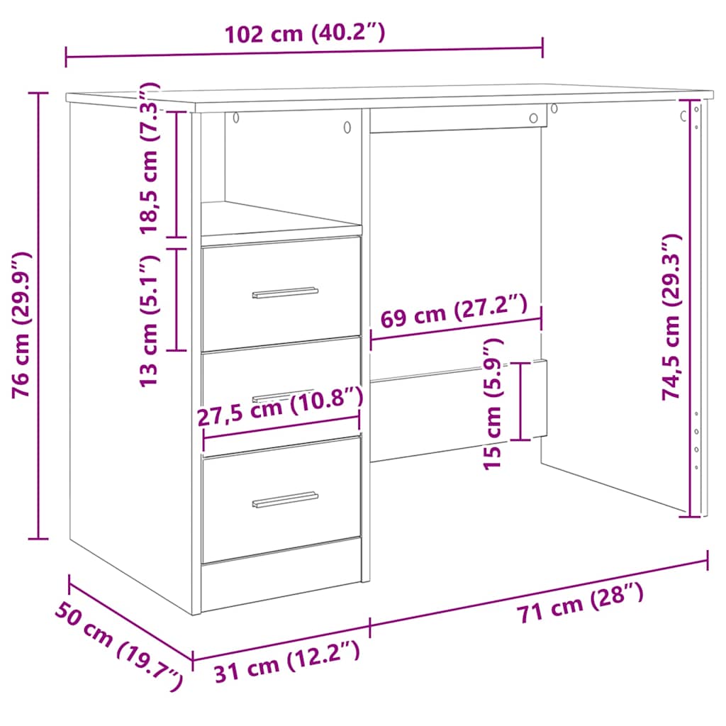 Radni stol s ladicama Crni hrast 102x50x76 cm Konstruirano drvo