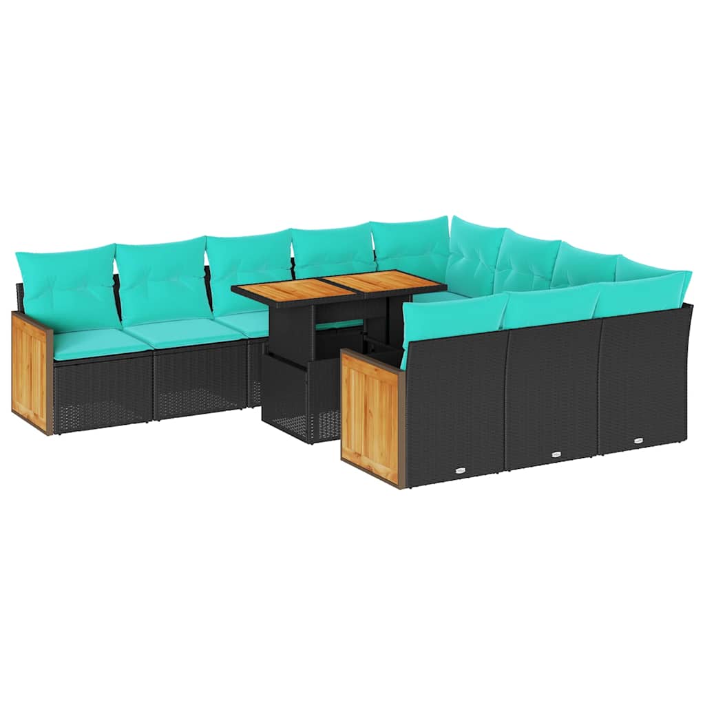 11-dijelni set vrtnih sofa poliratan i bagrem s jastucima crni Crna