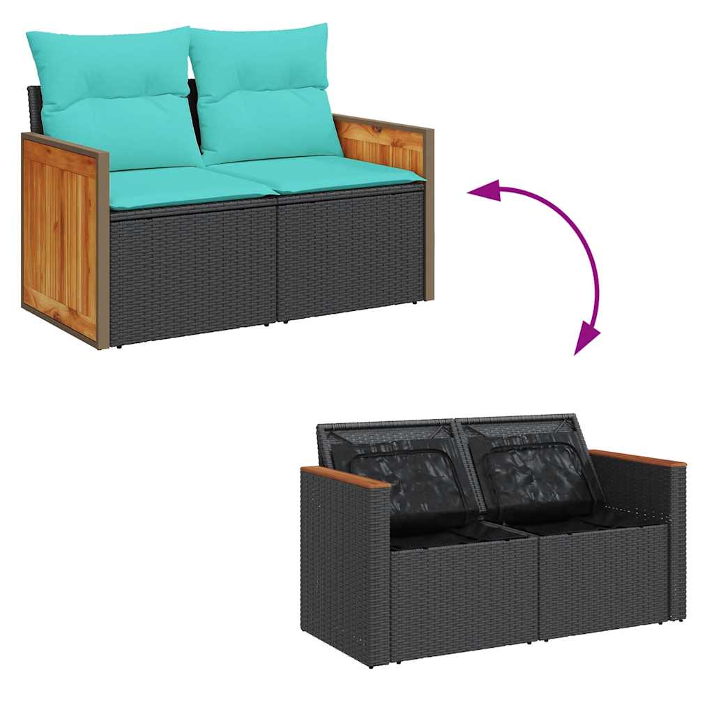 11-dijelni set vrtnih sofa poliratan i bagrem s jastucima crni Crna