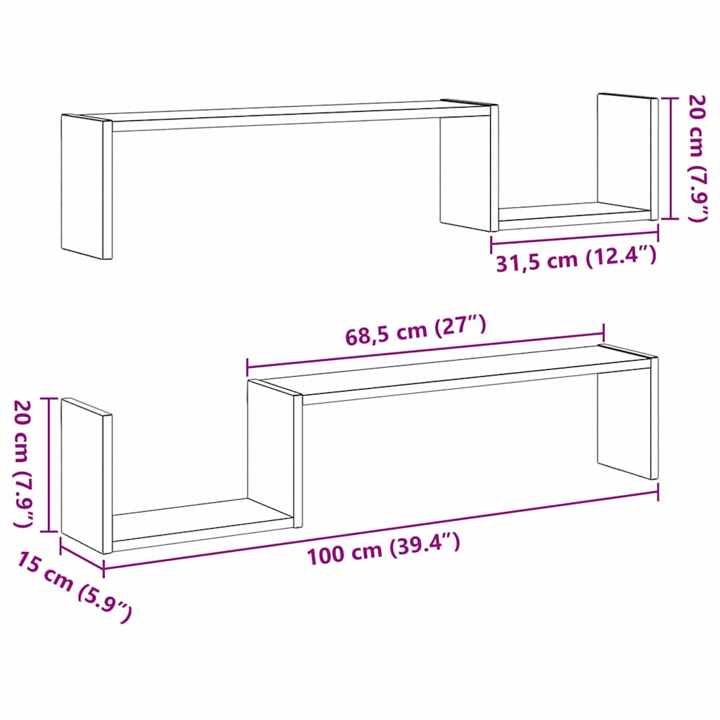 Polica na zidu s policom 2 pcs Crni hrast 100 x 15 x 20 cm