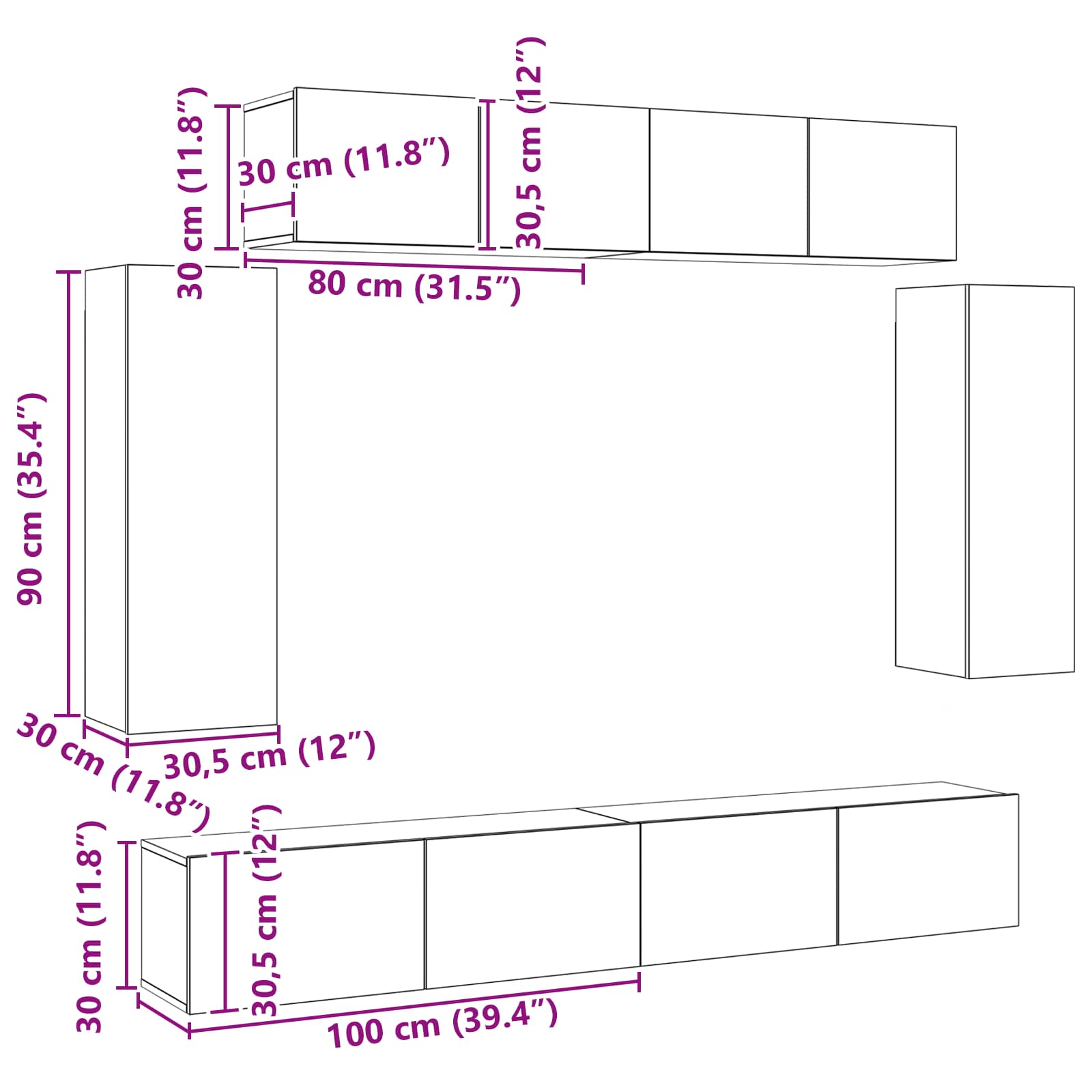 Set TV komoda Zidne 6 pcs Crni hrast 100 x 30 x 30 cm