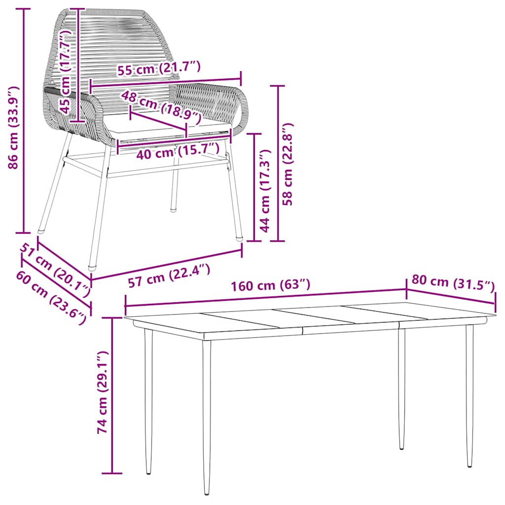 7-dijelni vrtni blagovaonski set s jastucima, crno Crna 160 x 80 x 74 cm