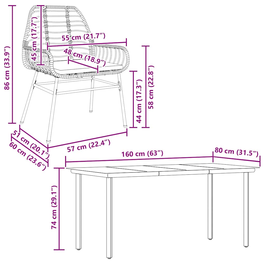 7-dijelni vrtni blagovaonski set s jastucima poliratan i staklo Smeđa 160 x 80 x 74 cm
