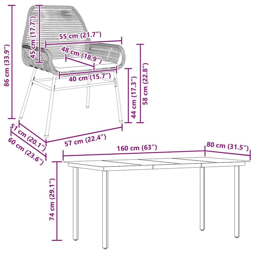 5-dijelni vrtni blagovaonski set s jastucima poliratan i staklo Smeđa 160 x 80 x 74 cm