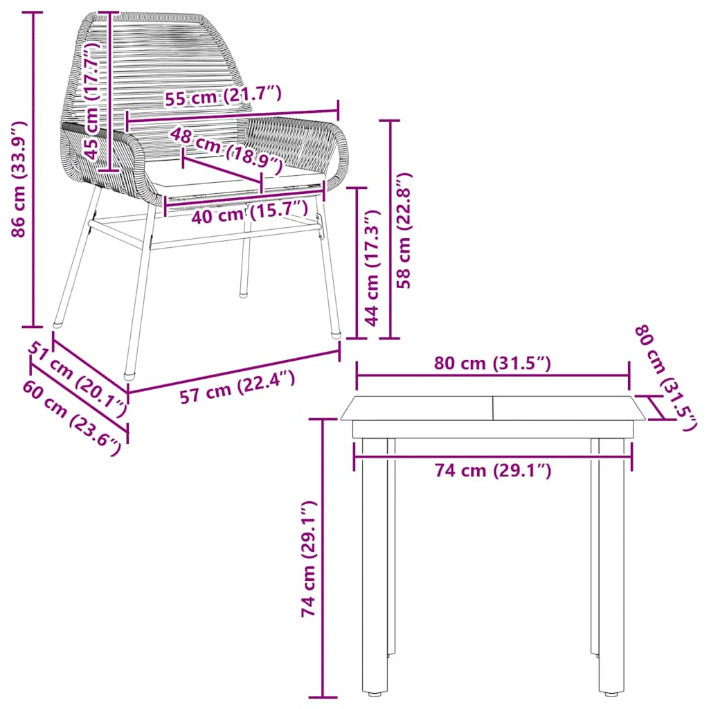 3-dijelni vrtni blagovaonski set s jastucima poliratan i staklo Siva 80 x 80 x 74 cm