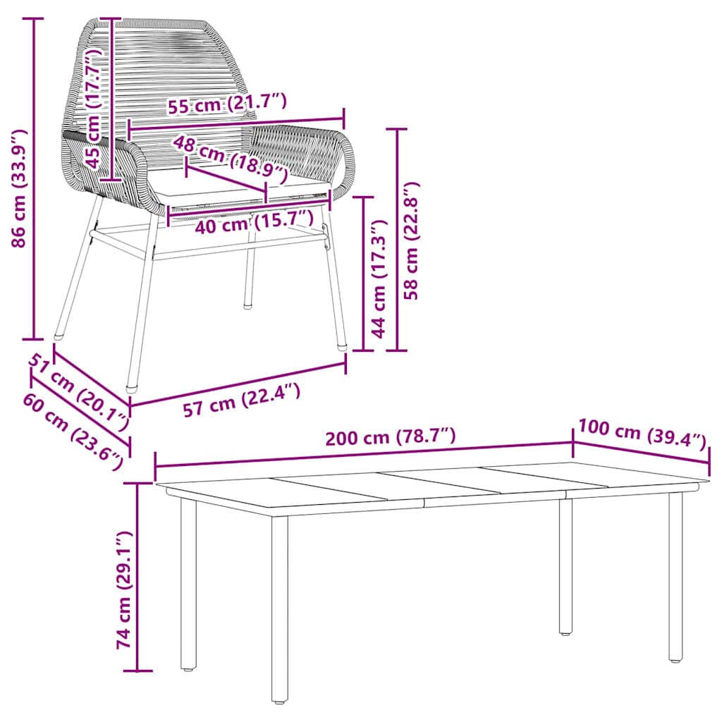 9-dijelni vrtni blagovaonski set s jastucima poliratan i staklo Siva 200 x 100 x 74 cm