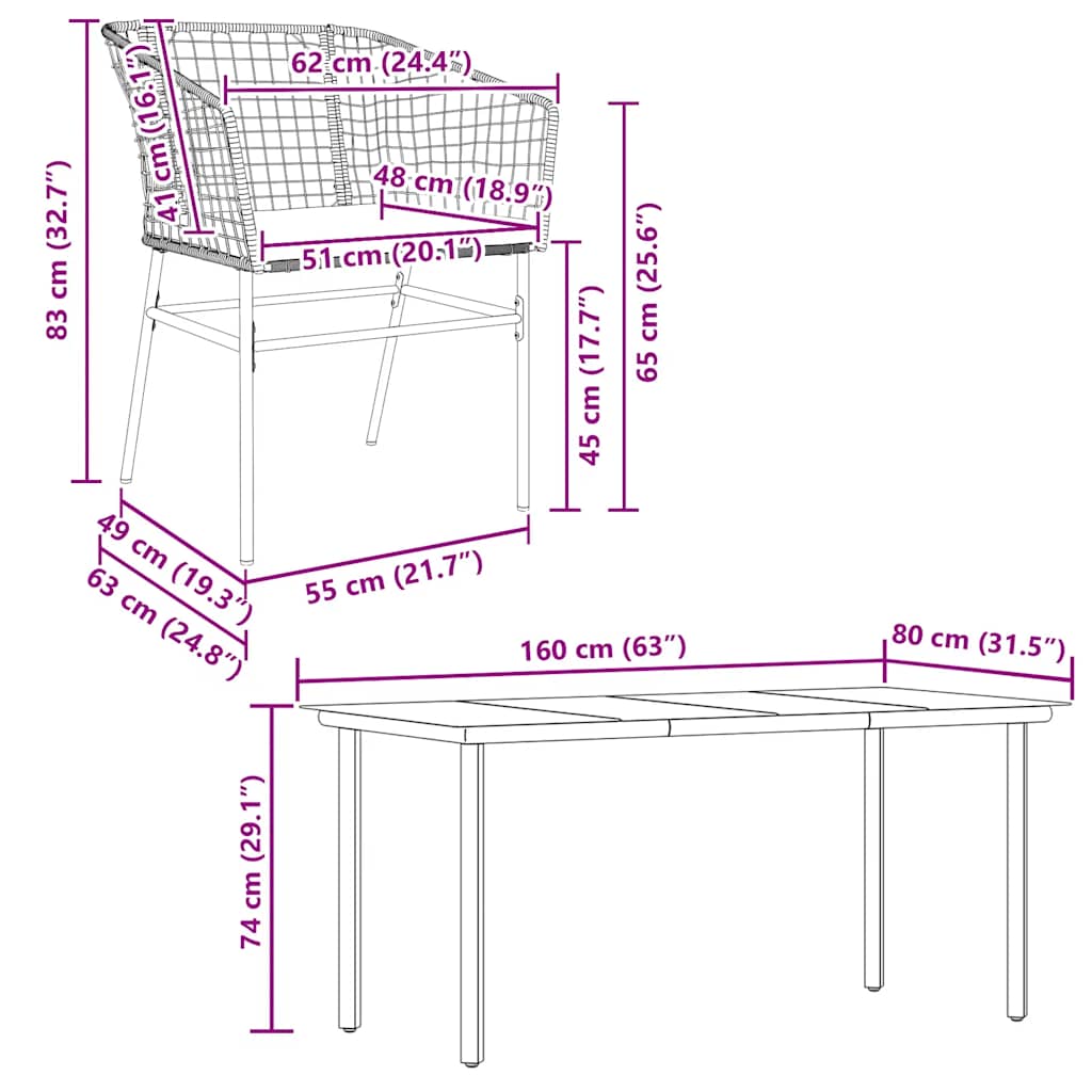 5-dijelni vrtni blagovaonski set s jastucima od crnog Crna 160 x 80 x 74 cm