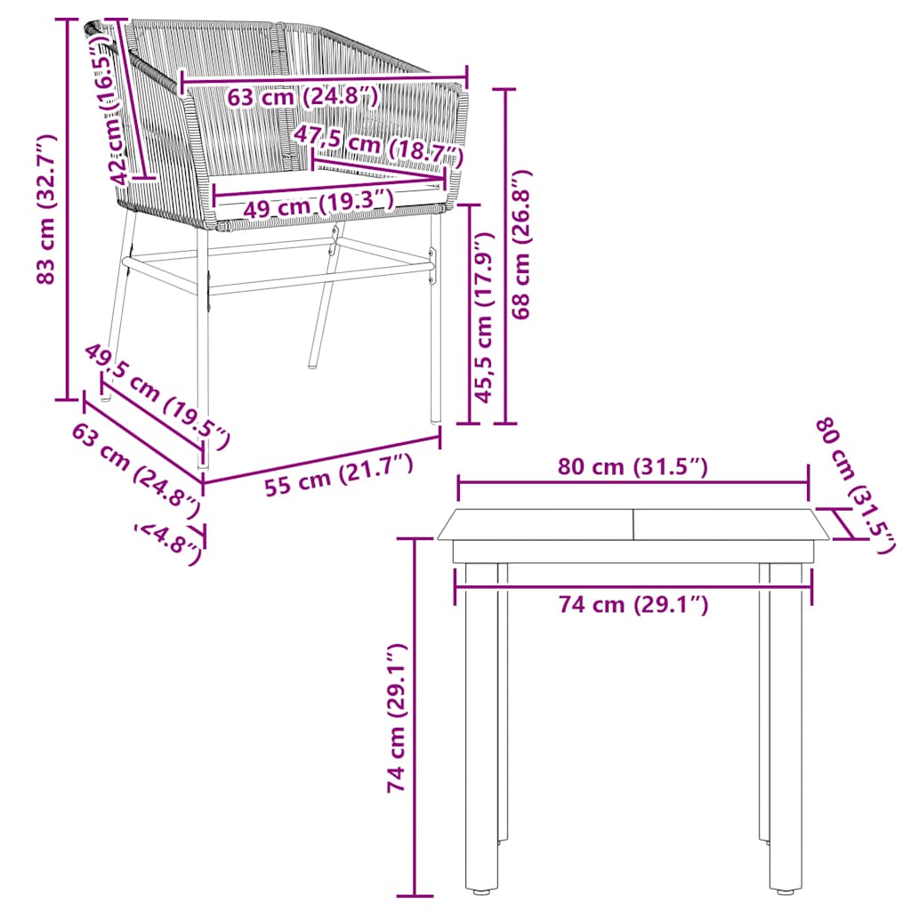 3-dijelni vrtni blagovaonski set s jastucima poliratan i staklo Siva 80 x 80 x 74 cm