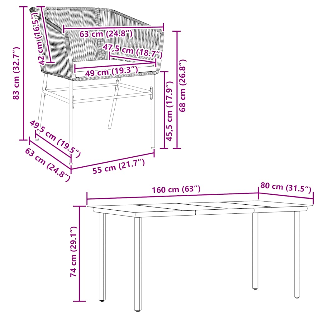 7-dijelni vrtni blagovaonski set s jastucima poliratan i staklo Siva 160 x 80 x 74 cm