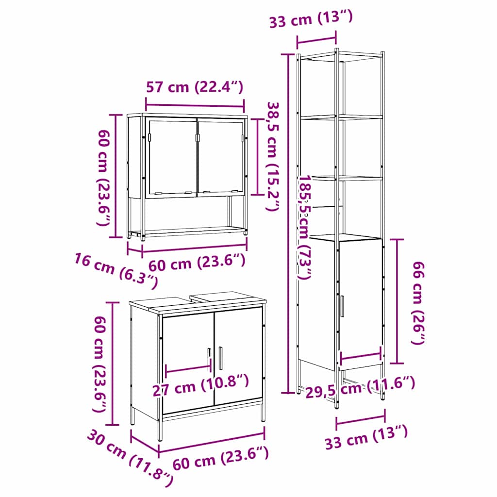 Set namještaja za kupaonicu 3 kom. Smeđa Konstruirano drvo 33 x 33 x 185,5 cm