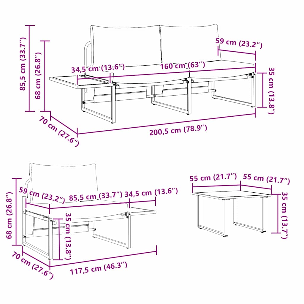 Vrtni set za objed 3 kom. Antracit Čelik Crna 55 x 55 x 70 cm