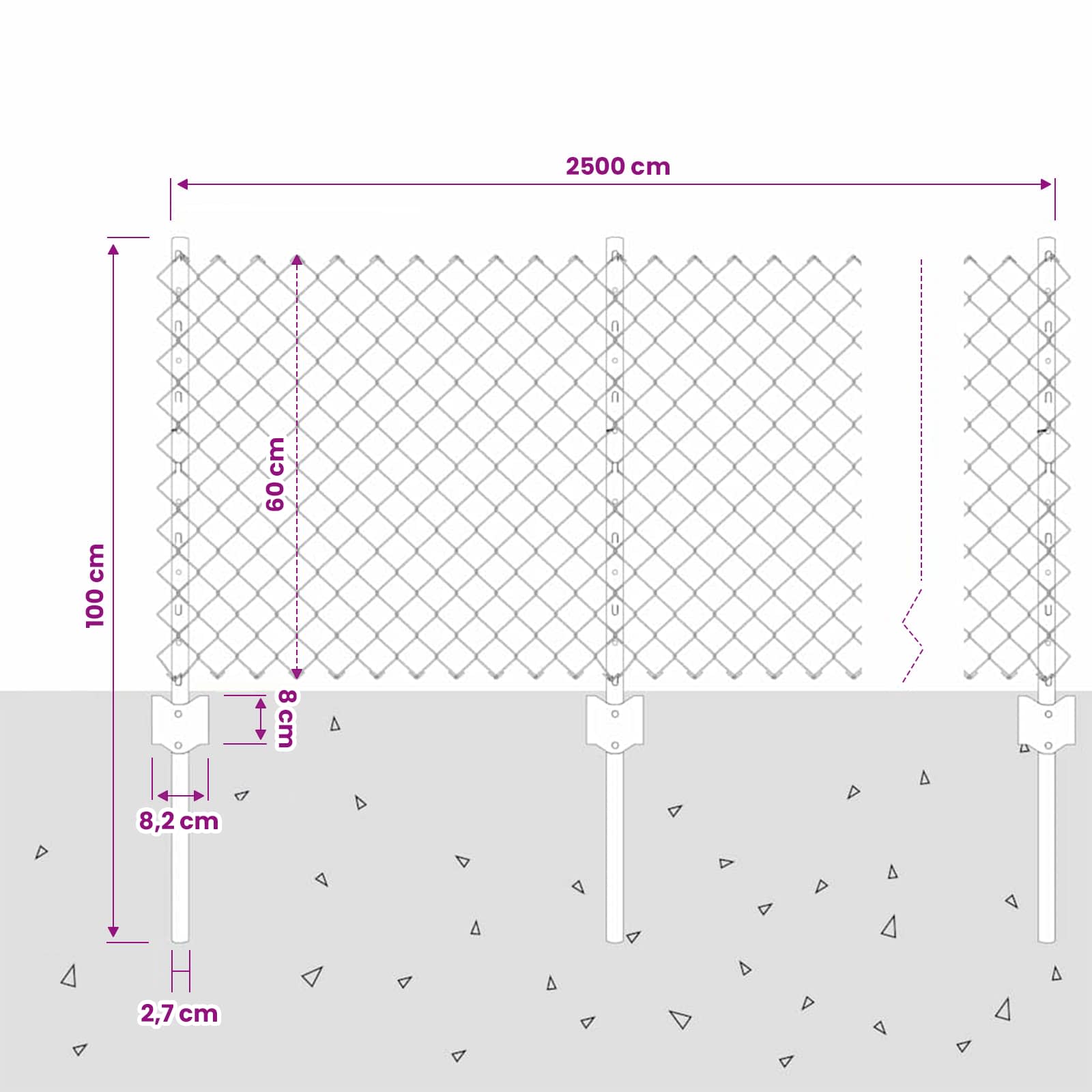 Ograda od lančanih veza s postom 25 x 0,6 m Siva Mreža