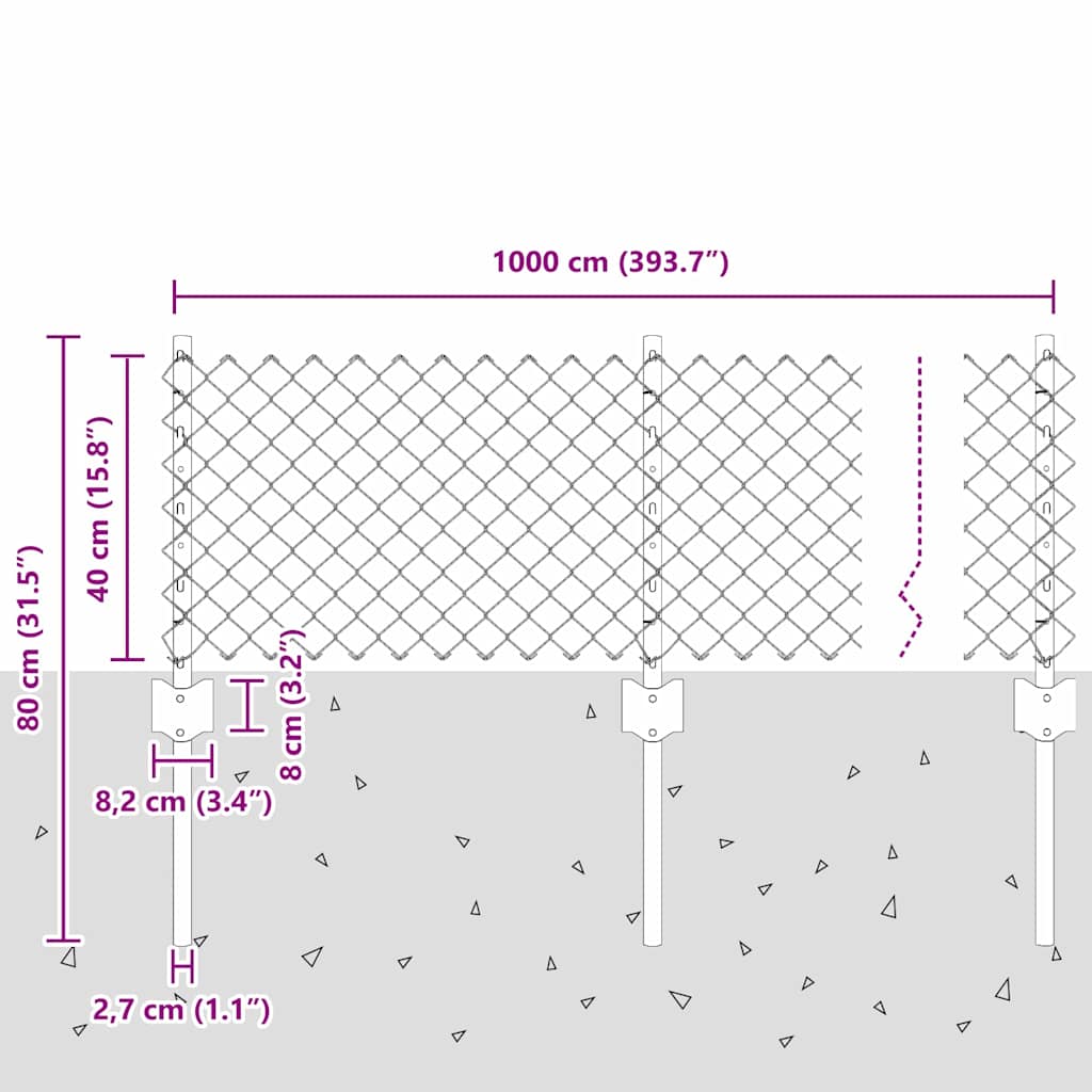 Ograda od lančanih veza s postom 10 x 0,4 m Srebrna Mreža