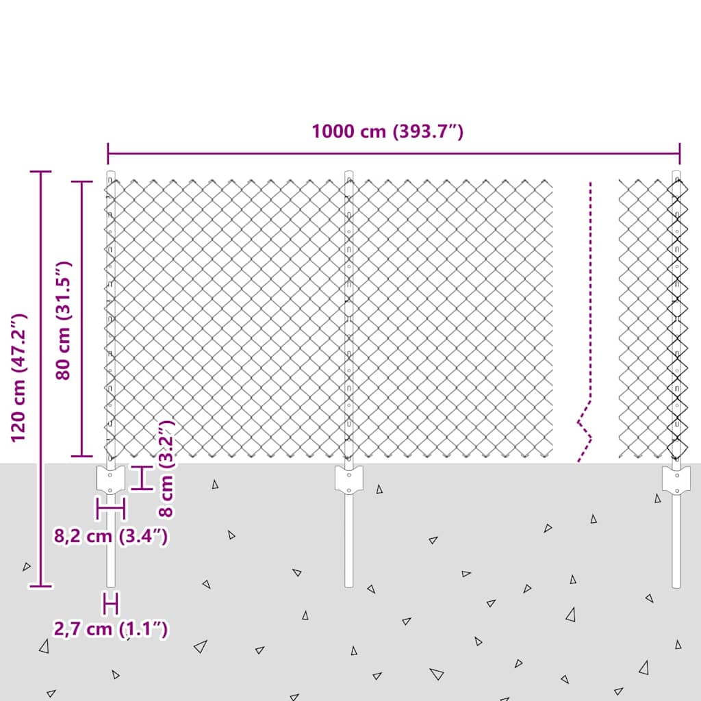 Ograda od lančanih veza s postom 10 x 0,8 m Srebrna Mreža