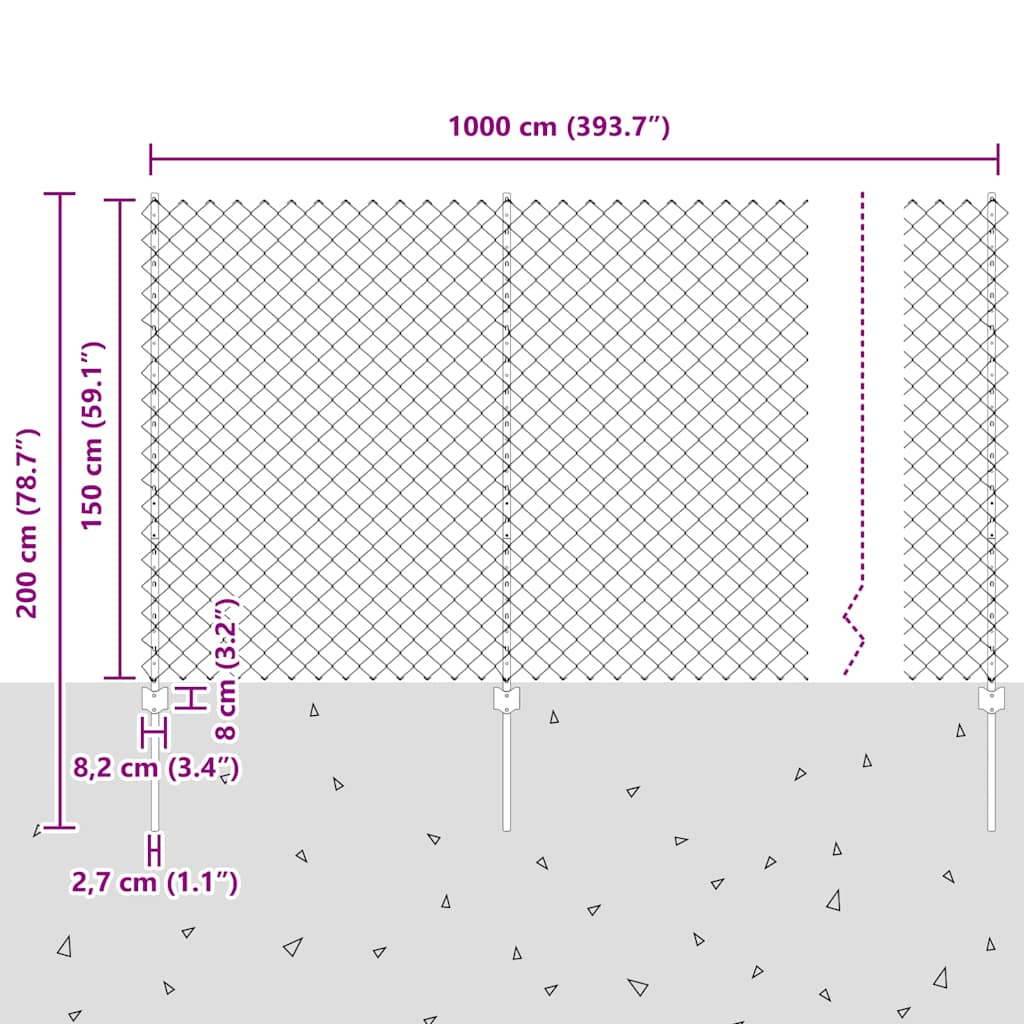 Ograda od lančanih veza s postom 10 x 1,5 m Srebrna Mreža