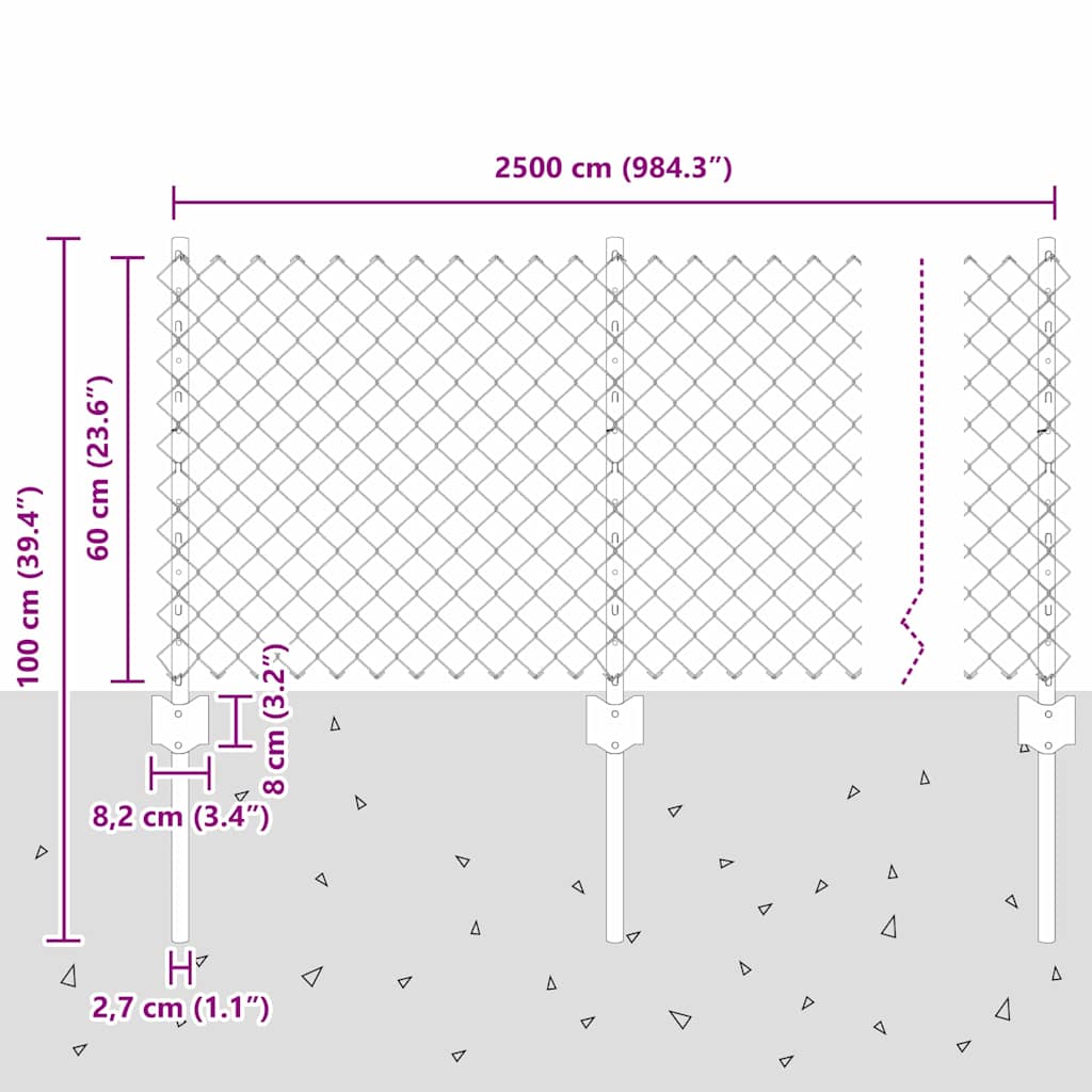 Ograda od lančanih veza s postom 25 x 0,6 m Srebrna Mreža