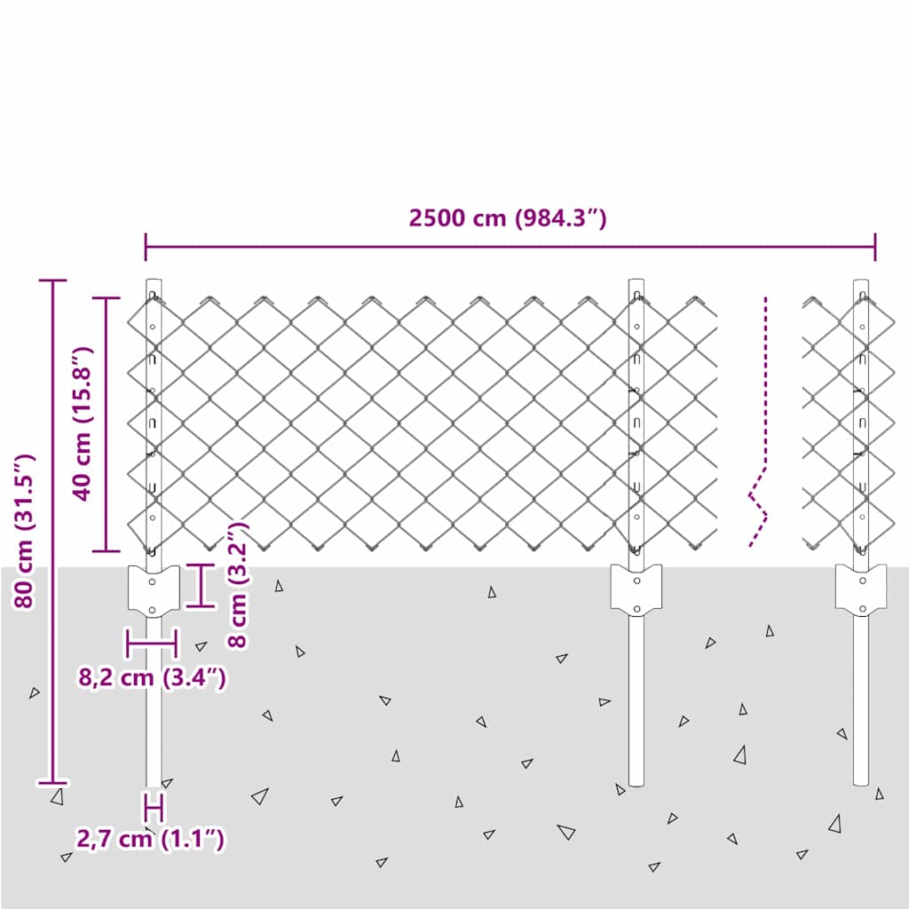 Ograda od lančanih veza s postom 25 x 0,4 m Srebrna Mreža