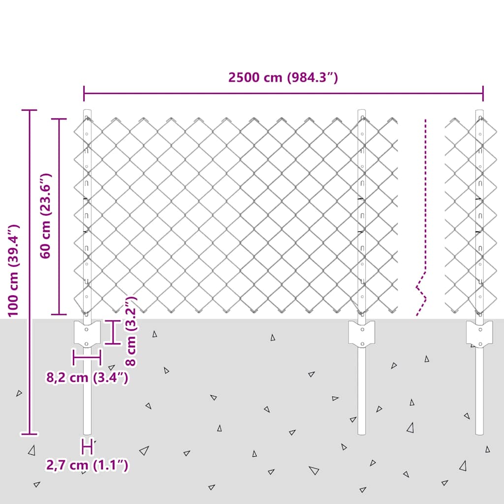 Ograda od lančanih veza s postom 25 x 0,6 m Srebrna Mreža