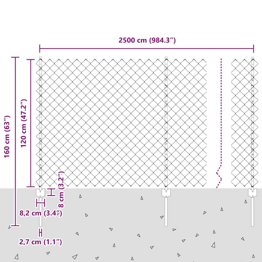 Ograda od lančanih veza s postom 25 x 1,2 m Srebrna Mreža