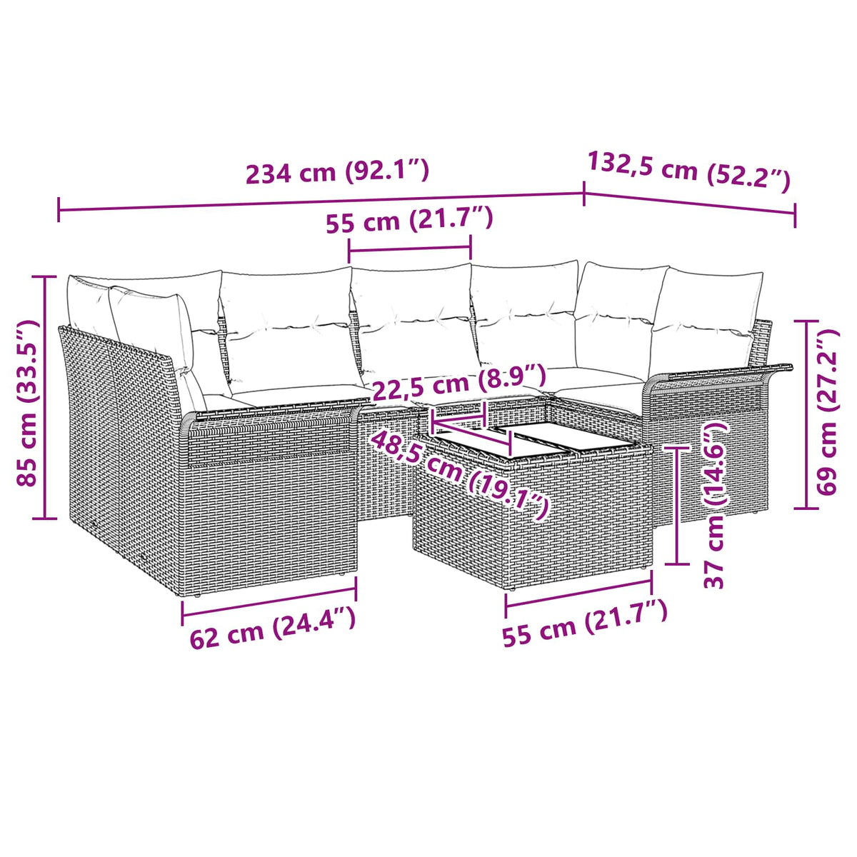 Sjedeća garnitura za vrt 7 kom. Smeđa poliratan 234 x 132,5 x 85 cm