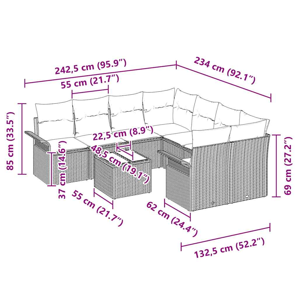 Sjedeća garnitura za vrt 9 kom. Siva poliratan 242,5 x 234 x 85 cm