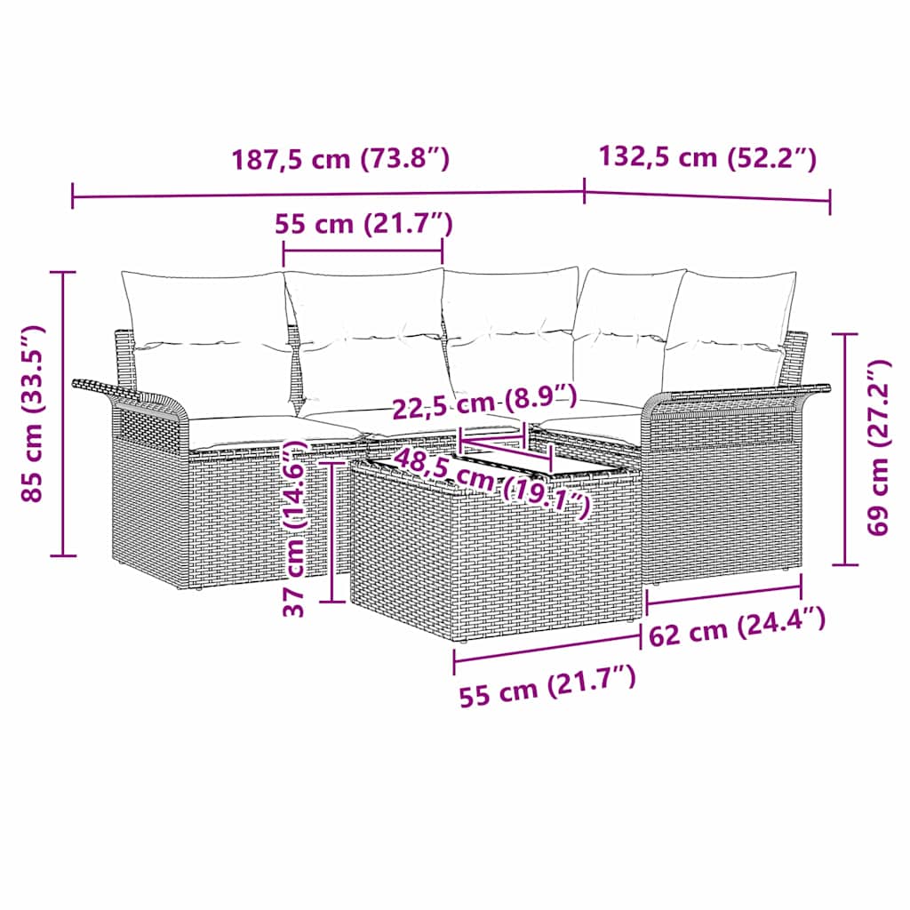 Sjedeća garnitura za vrt 5 kom. Crna poliratan 187,5 x 132,5 x 85 cm