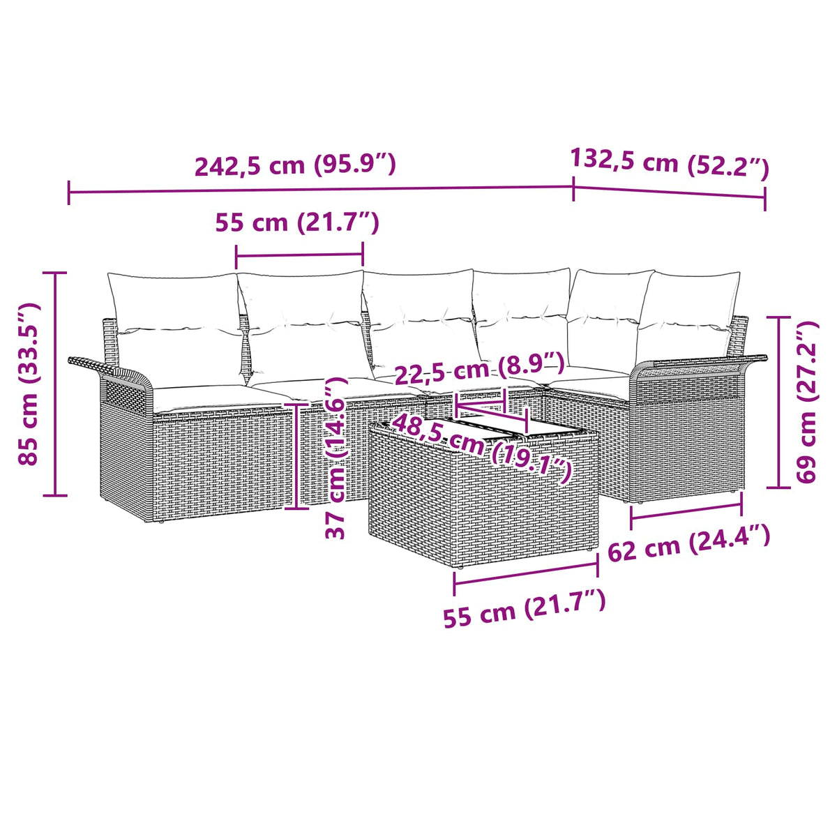 Sjedeća garnitura za vrt 6 kom. Siva poliratan 242,5 x 132,5 x 85 cm