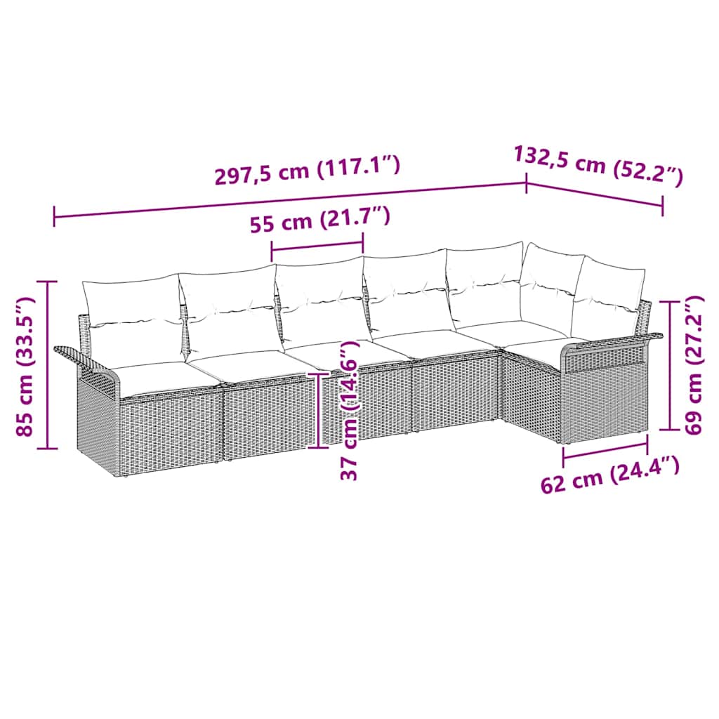 Sjedeća garnitura za vrt 6 kom. Smeđa poliratan 297,5 x 132,5 x 85 cm