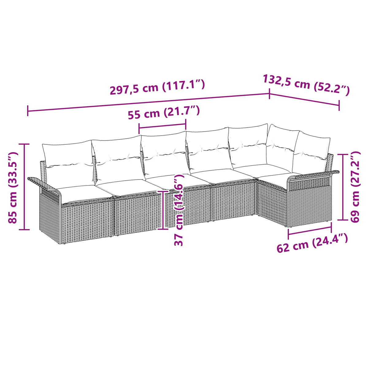 Sjedeća garnitura za vrt 6 kom. Smeđa poliratan 297,5 x 132,5 x 85 cm