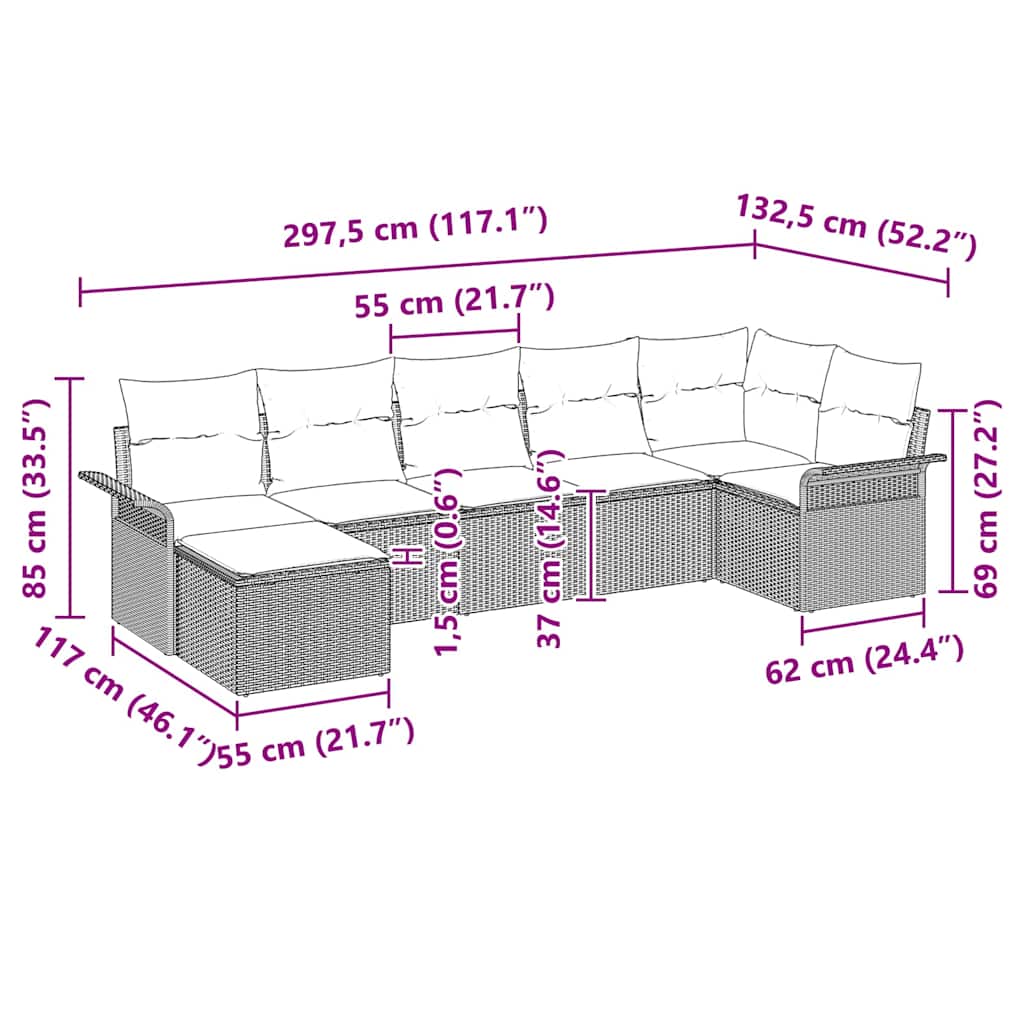 Sjedeća garnitura za vrt 7 kom. Siva poliratan 297,5 x 132,5 x 85 cm