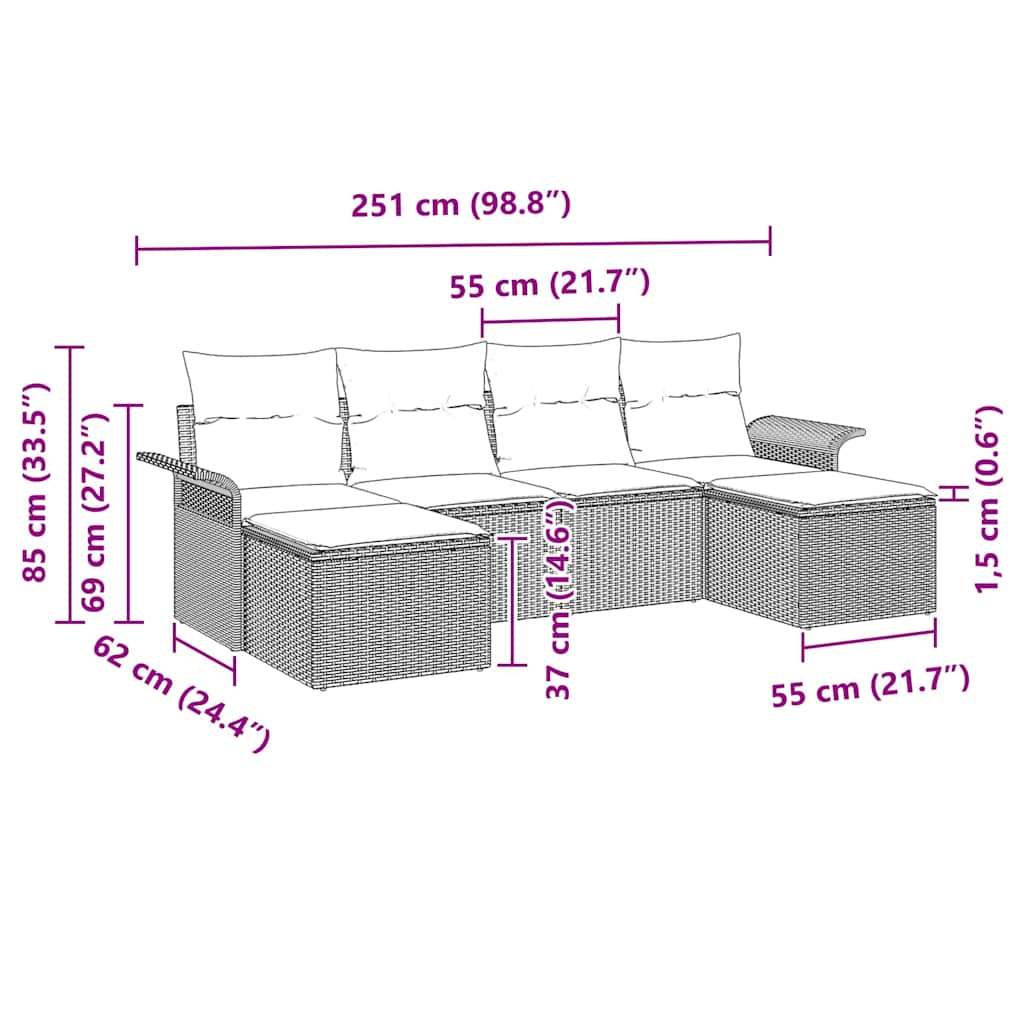 Sjedeća garnitura za vrt 6 kom. Siva poliratan 251 x 117 x 85 cm