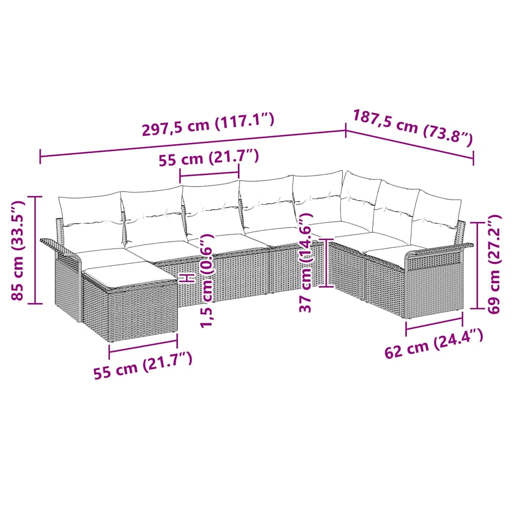 Sjedeća garnitura za vrt 8 kom. Crna poliratan 297.5 x 187.5 x 85 cm