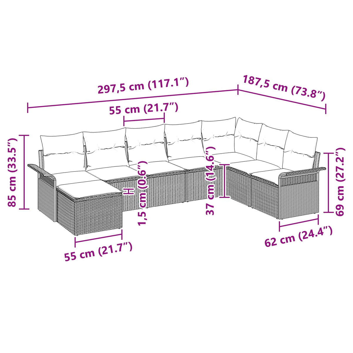 Sjedeća garnitura za vrt 8 kom. Siva poliratan 297,5 x 187,5 x 85 cm