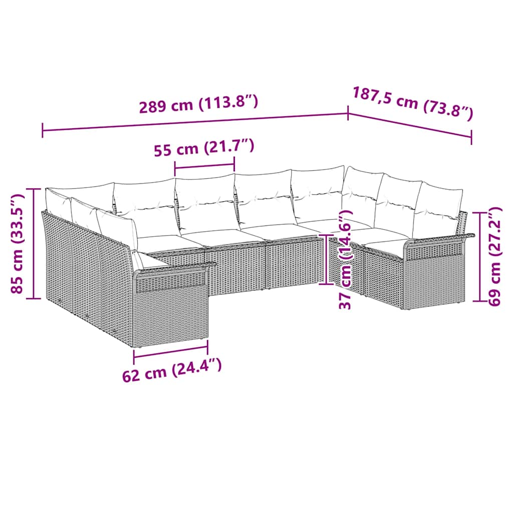 Sjedeća garnitura za vrt s jastukom Crna poliratan 289 x 187,5 x 85 cm