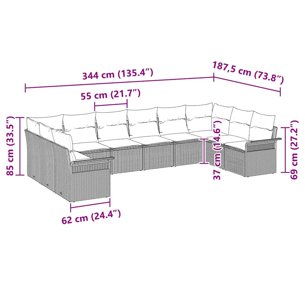 Sjedeća garnitura za vrt 10 kom. Bež poliratan 344 x 187,5 x 85 cm
