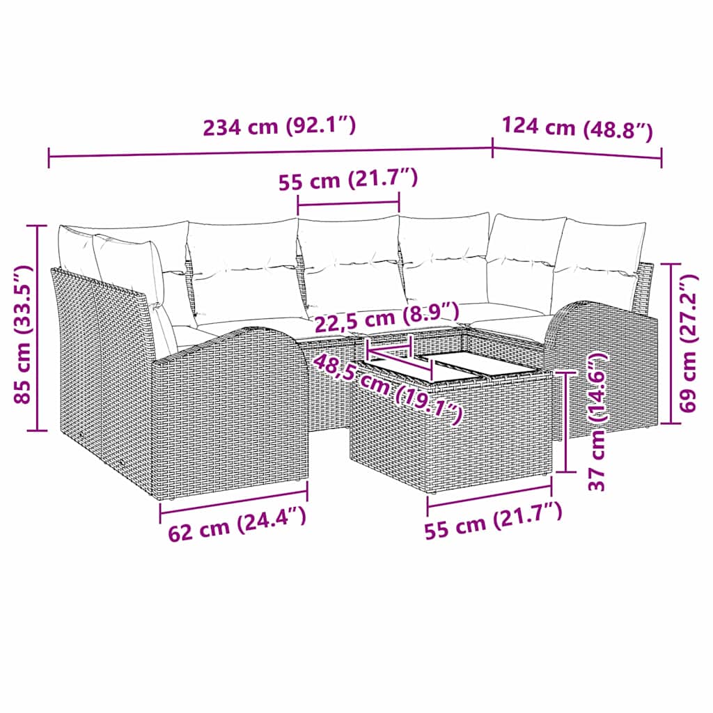 Sjedeća garnitura za vrt 7 kom. Smeđa poliratan 234 x 124 x 85 cm