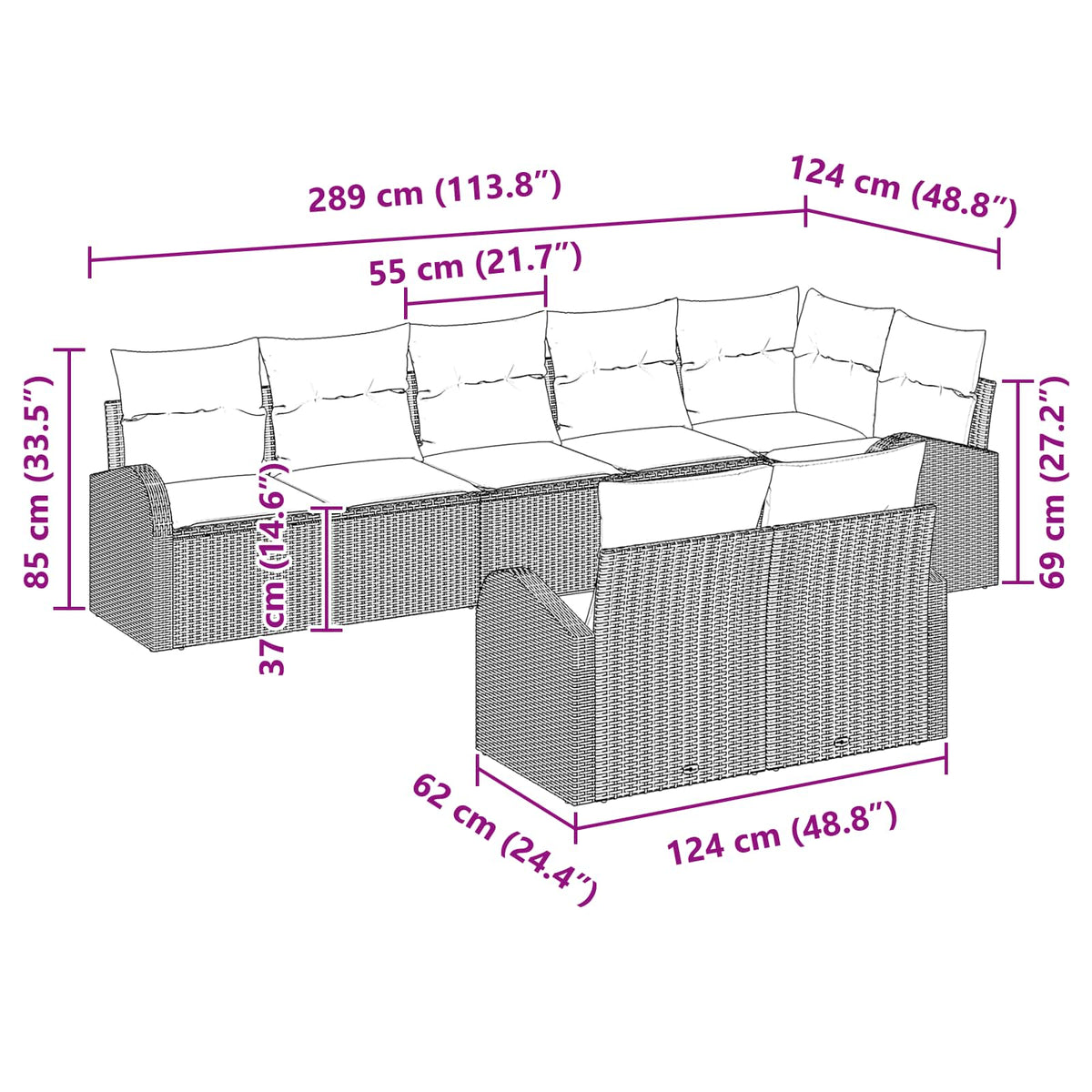 Sjedeća garnitura za vrt 8 kom. Smeđa poliratan 289.0 x 124.0 x 85 cm
