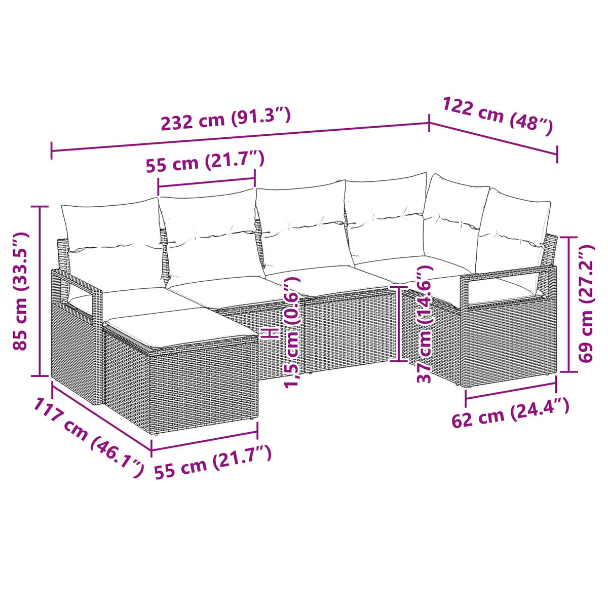 Set sofe 6 kom. Smeđa poliratan 232 x 122 x 85 cm
