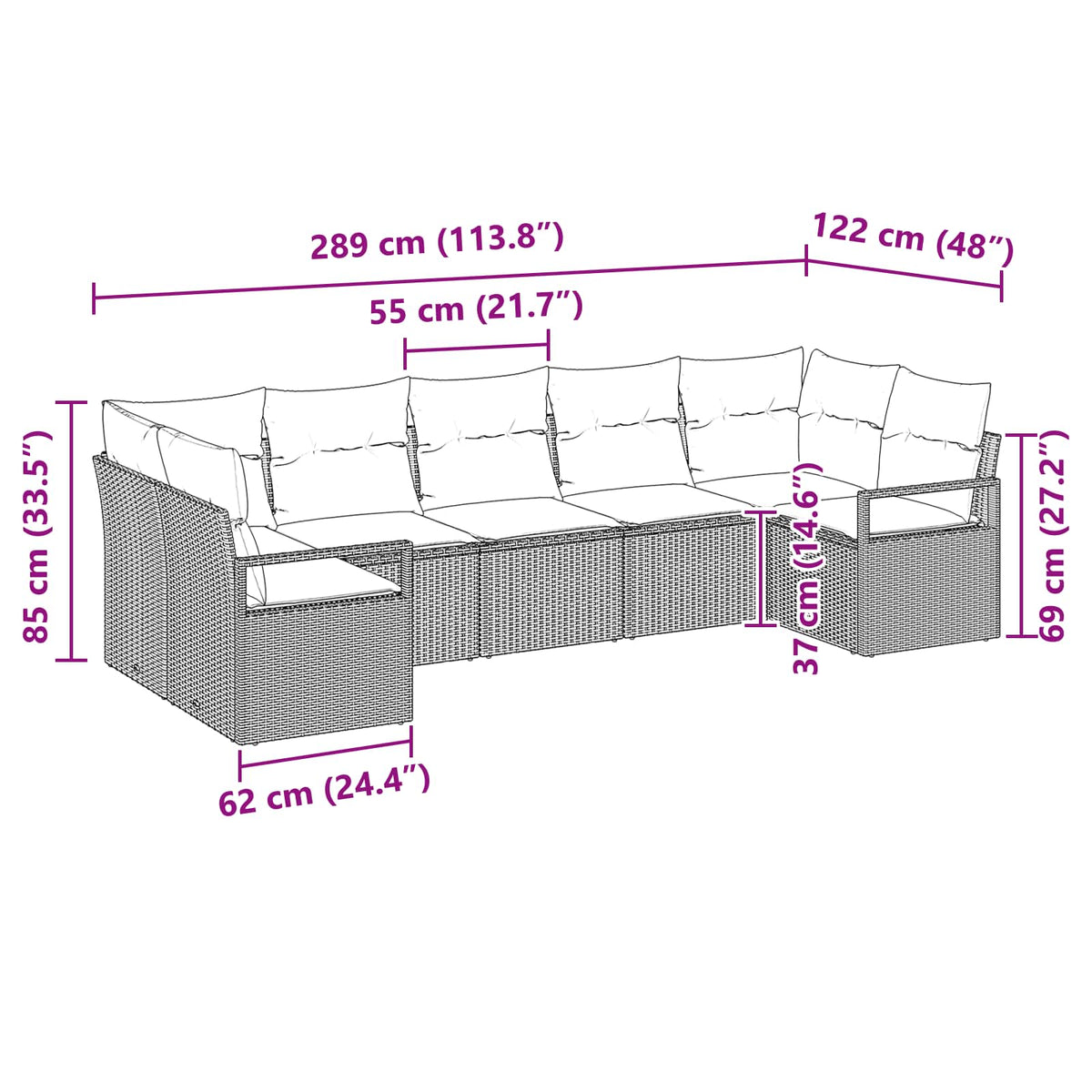 Set sofe 7 kom. Crna poliratan 289 x 122 x 85 cm