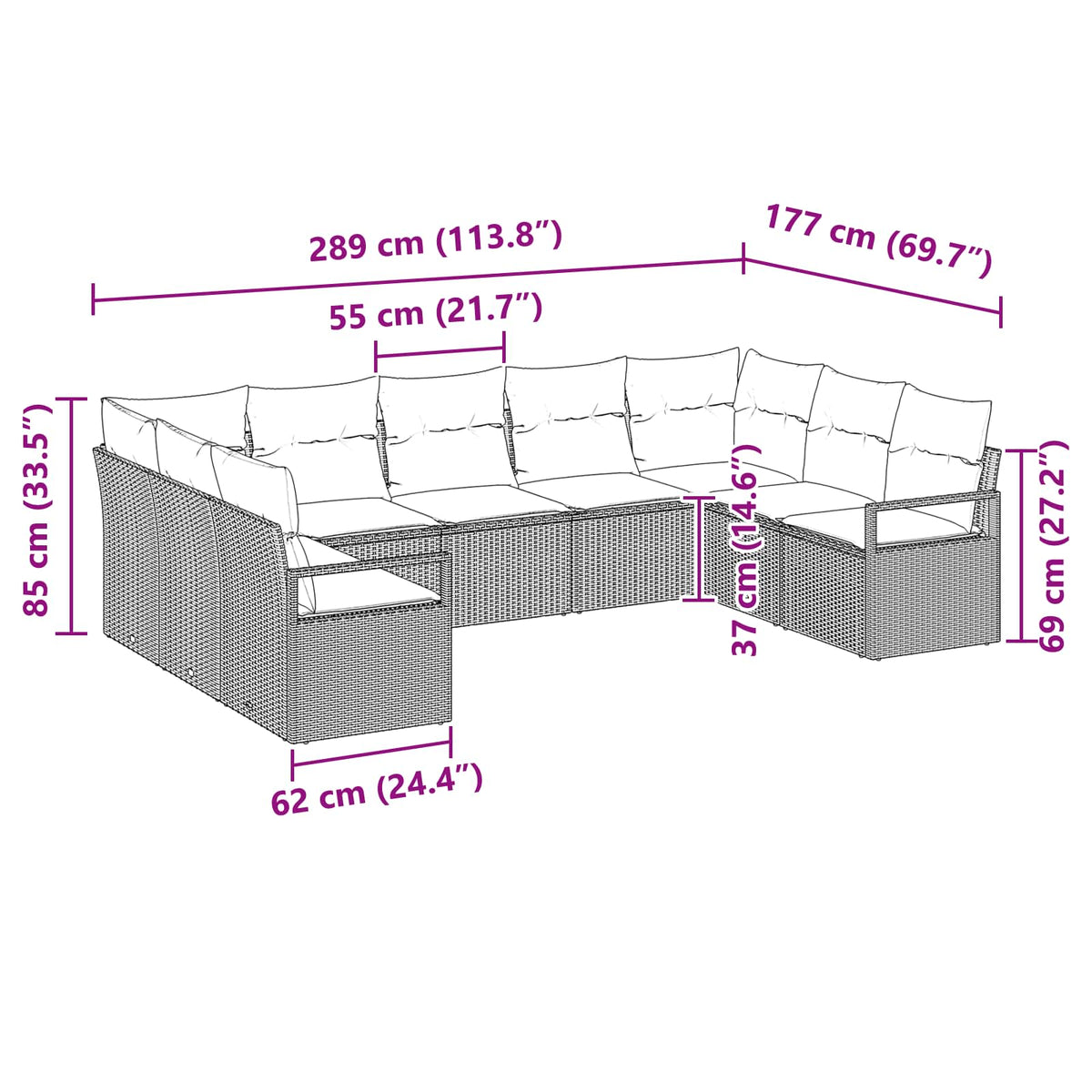 Set sofe 9 kom. Crna poliratan 289 x 177 x 85 cm