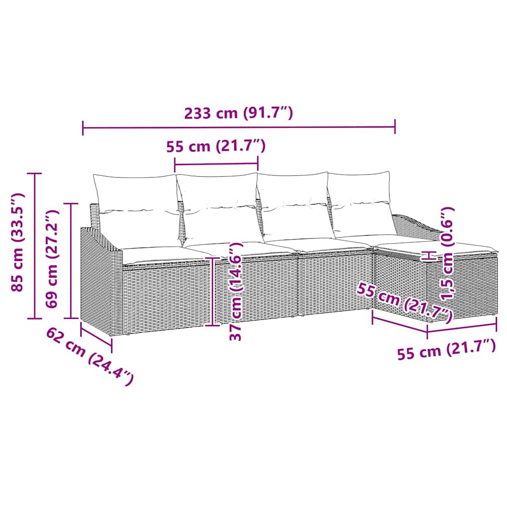Set sofe 5 kom. Siva poliratan 233 x 117 x 85 cm