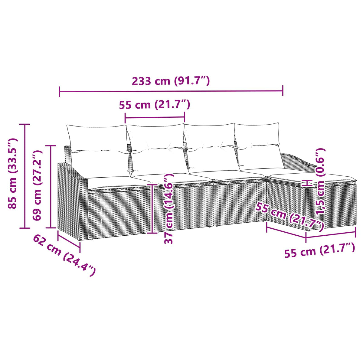 Set sofe 5 kom. Crna poliratan 233 x 117 x 85 cm