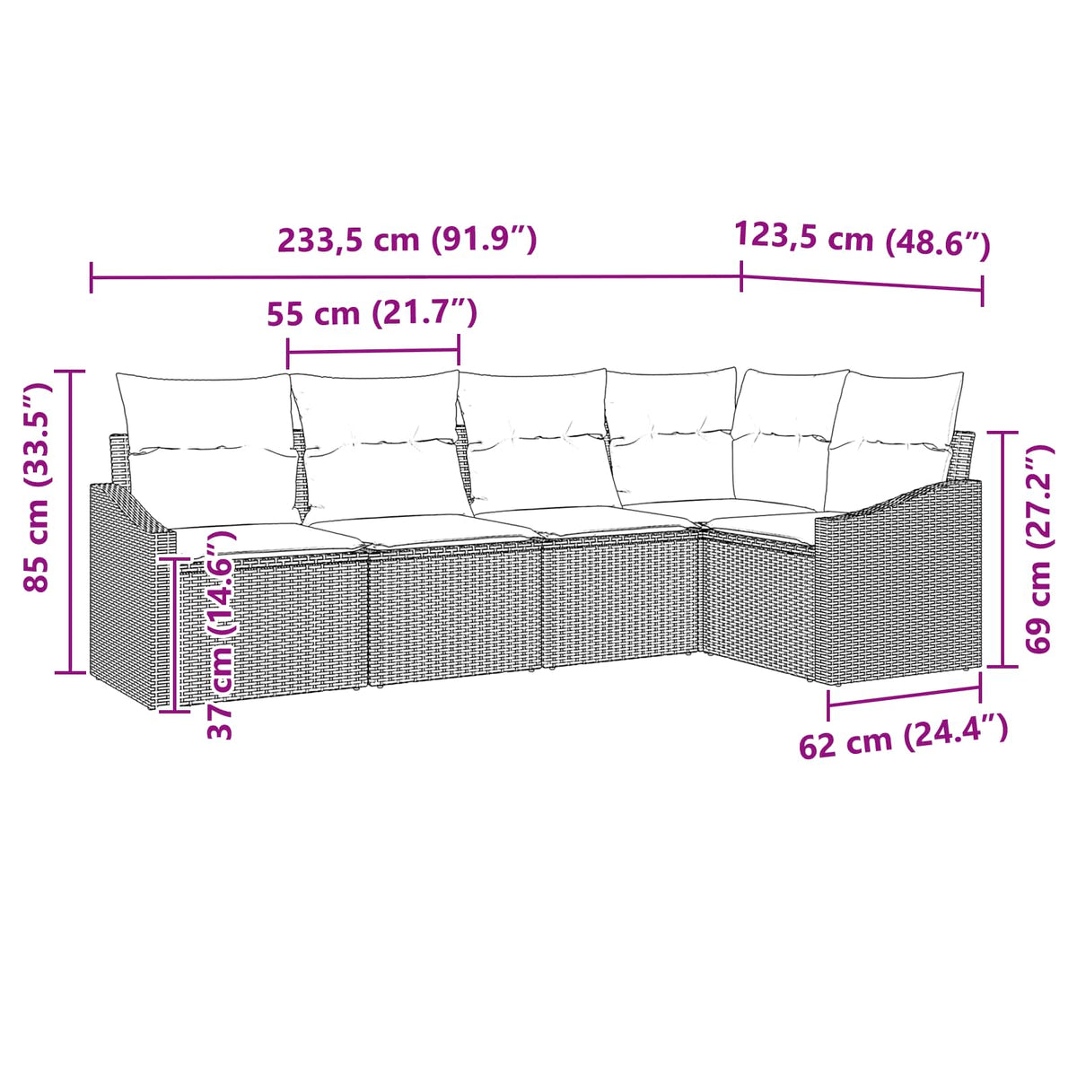 Set sofe 5 kom. Crna poliratan 233,5 x 123,5 x 85 cm