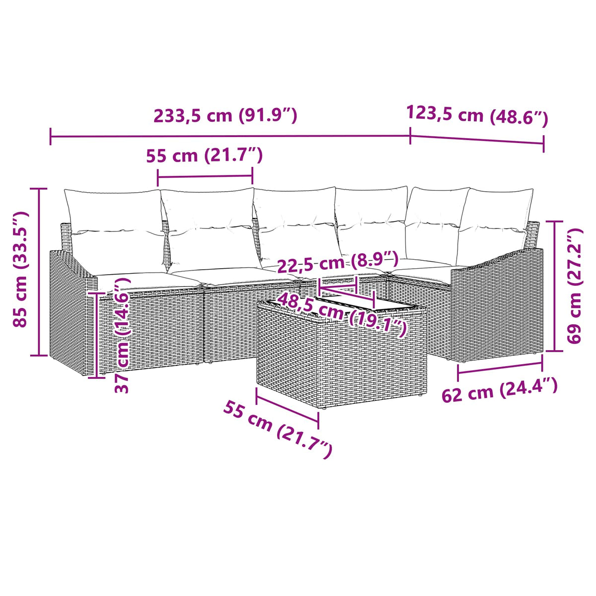 Set sofe 6 kom. Crna poliratan 233,5 x 123,5 x 85 cm